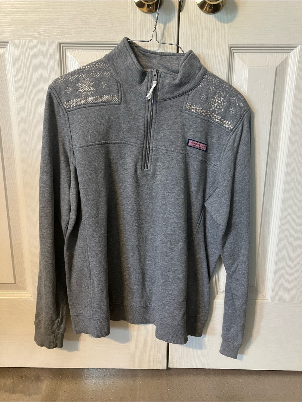 Vineyard Vines Gray Half-Zip Pullover with Snowflake Embroidered Shoulders
